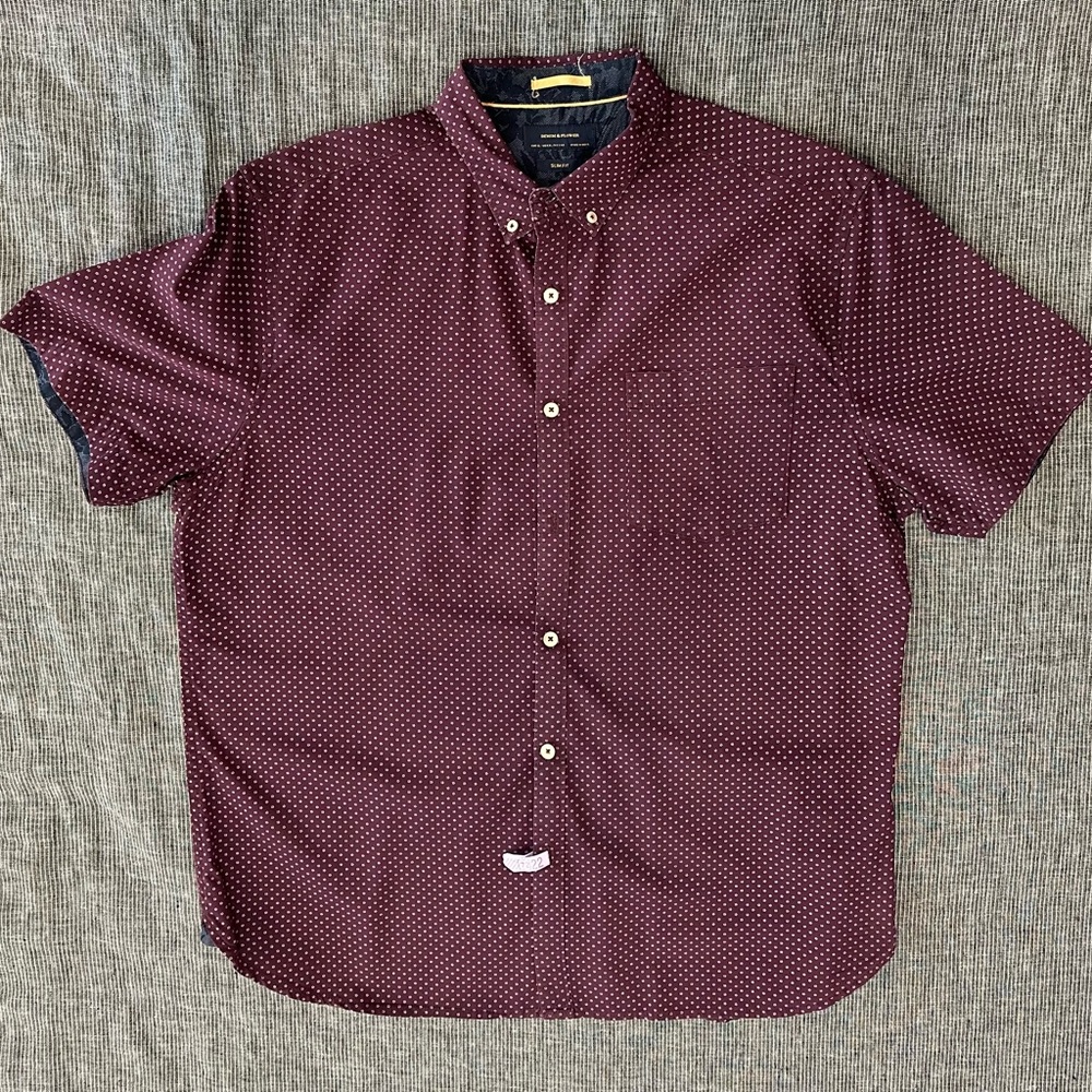 DENIM & FLOWER casual (wine) button-down short sleeve shirt mens size XL SLIM.